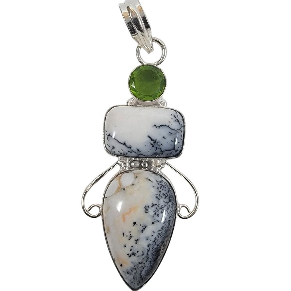 Handmade Silver Pendant – Dendritic Opal & Peridot + 20" Silver Snake Chain